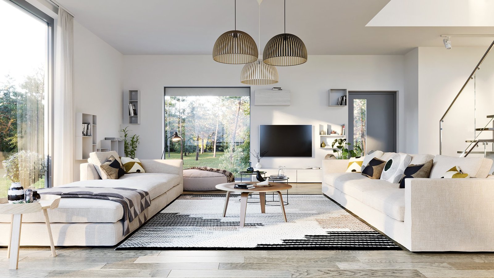 Spacious contemporary living room with large windows and matching cream sectionals.