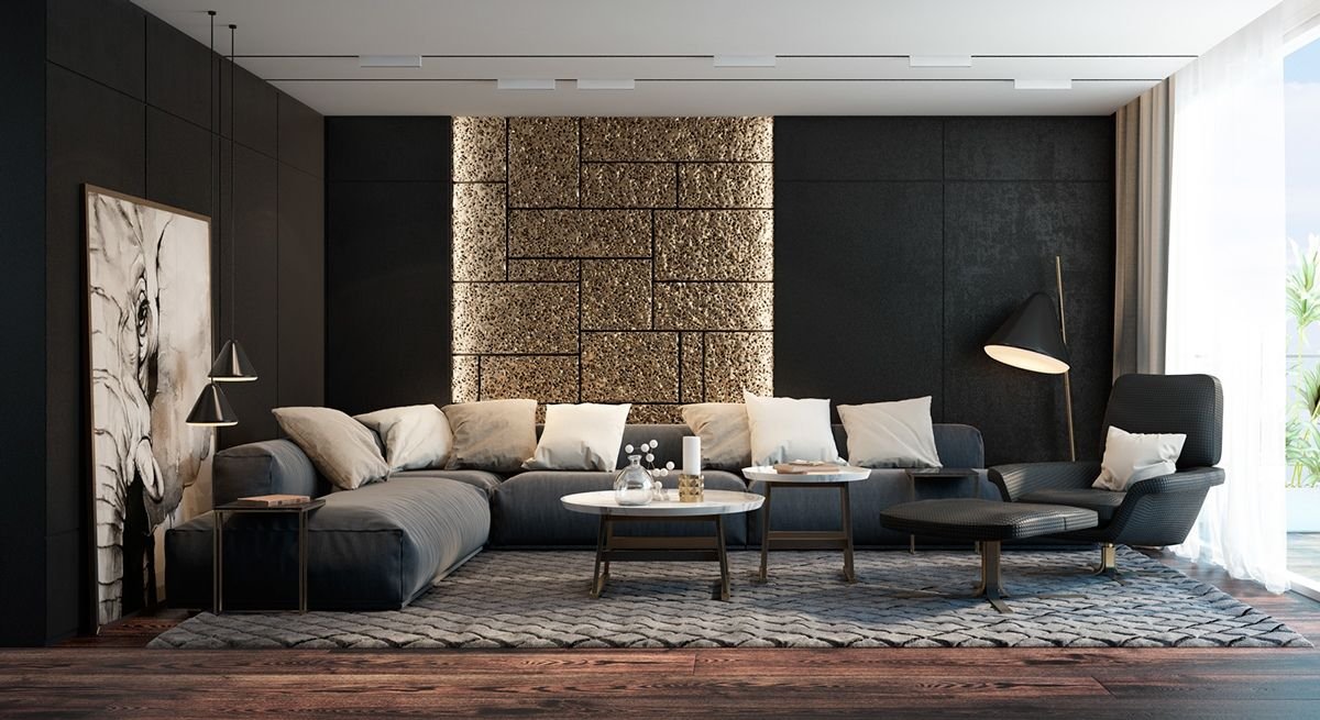Contemporary dark living room with textured gold wall and plush sectional sofa.